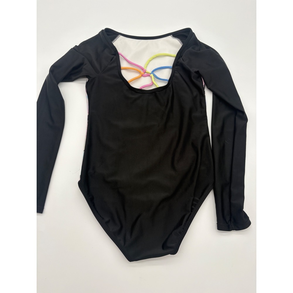 Y2K retro Long Sleeve Swimsuit Girls L 10/12 Black Palm Trees beach strapped - Picture 2 of 3